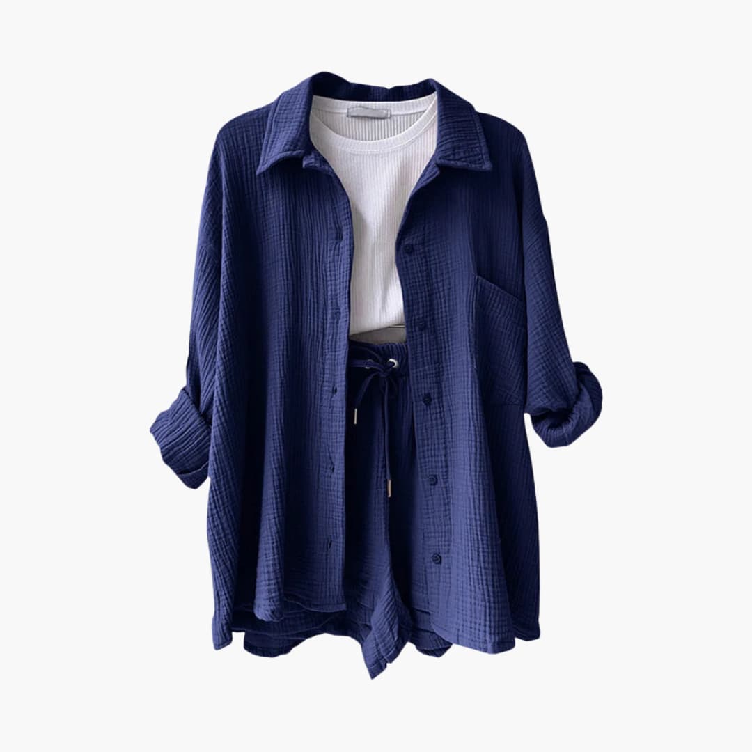 Lara™ - Bekväm Lös Button Top Och Kort 2-delat Set