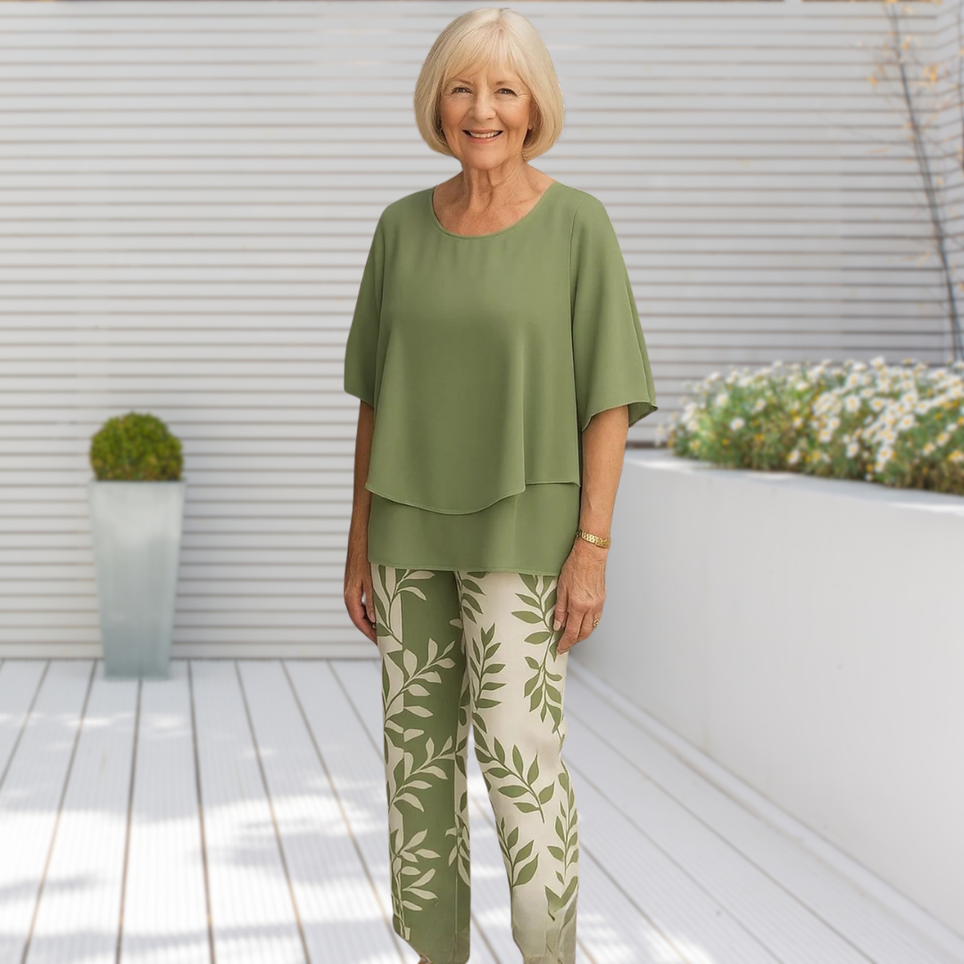 Casira™ - Avslappnad Set med Mönstrade Byxor och Rundhalsad Topp för Damer