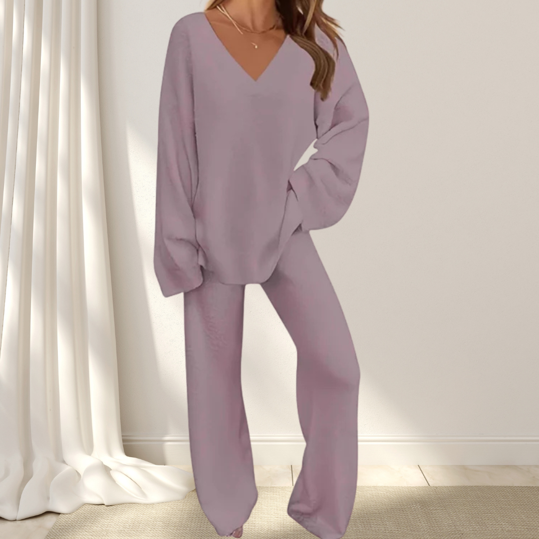 Roselane™ - Damset med V-ringad Tröja och Långbyxor