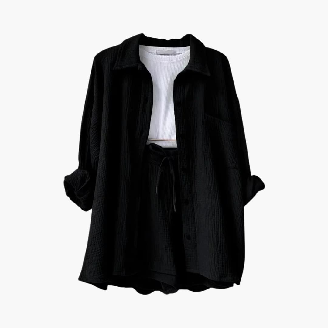 Lara™ - Bekväm Lös Button Top Och Kort 2-delat Set